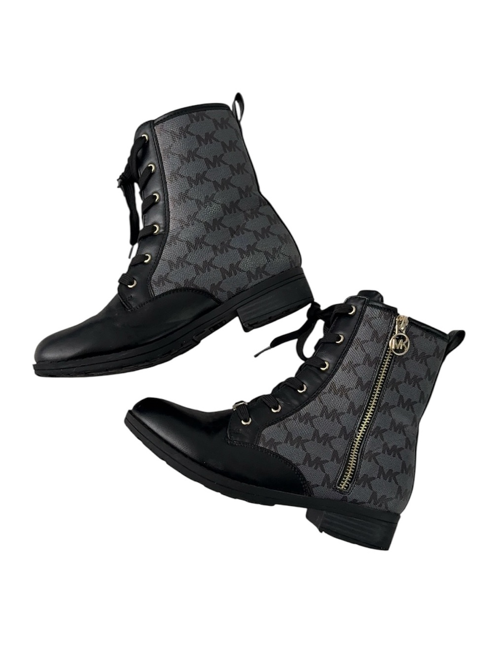 Michael Kors Girls Jane Black Gray Monogram Combat Boots 3.5